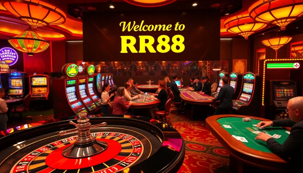 Exciting casino scene featuring varied gambling activities at RR88, showcasing roulette, poker tables, and slot machines.