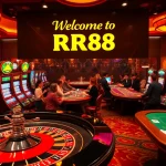 Exciting casino scene featuring varied gambling activities at RR88, showcasing roulette, poker tables, and slot machines.