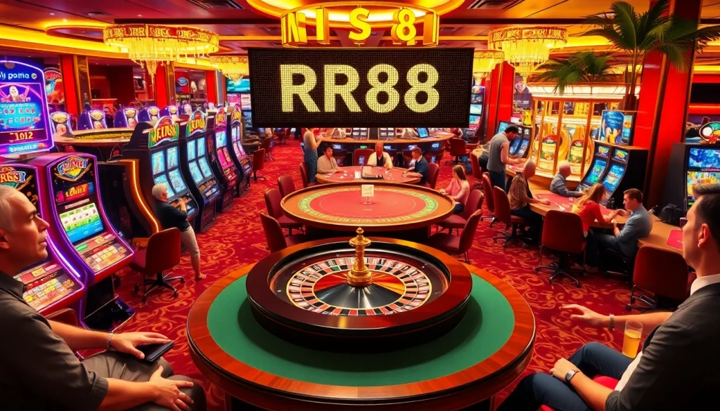 Players enjoying games at the RR88 casino, showcasing vibrant roulette and slot machines.