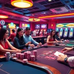 Experience the thrill of gambling at https://rr88.com.se/ with lively players at casino tables featuring cards, chips, and dice.