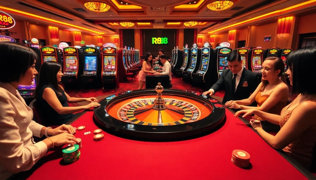 RR88 players enjoying thrilling action at a roulette table in a luxurious casino setting.