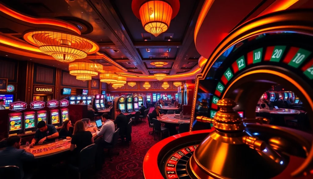 Experience the excitement at AAAJILI Casino with players engaging at poker tables and slot machines.