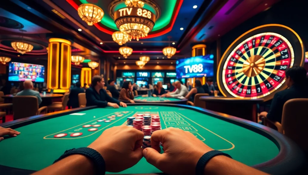 Experience the excitement of a casino scene with TV88 branding, featuring poker tables and roulette wheels.