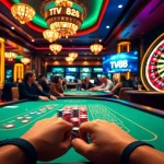 Experience the excitement of a casino scene with TV88 branding, featuring poker tables and roulette wheels.