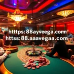 Experience the excitement of gaming with https://88aavega.com/ at a high-stakes casino poker table surrounded by eager players.