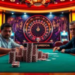RR88 poker players engaged in an intense game, showcasing high stakes and vibrant casino atmosphere.