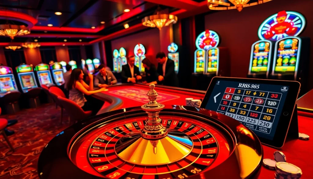 Experience the thrill of RR88's casino with players engaged at roulette and blackjack tables in a luxurious setting.