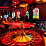 Experience the thrill of RR88's casino with players engaged at roulette and blackjack tables in a luxurious setting.