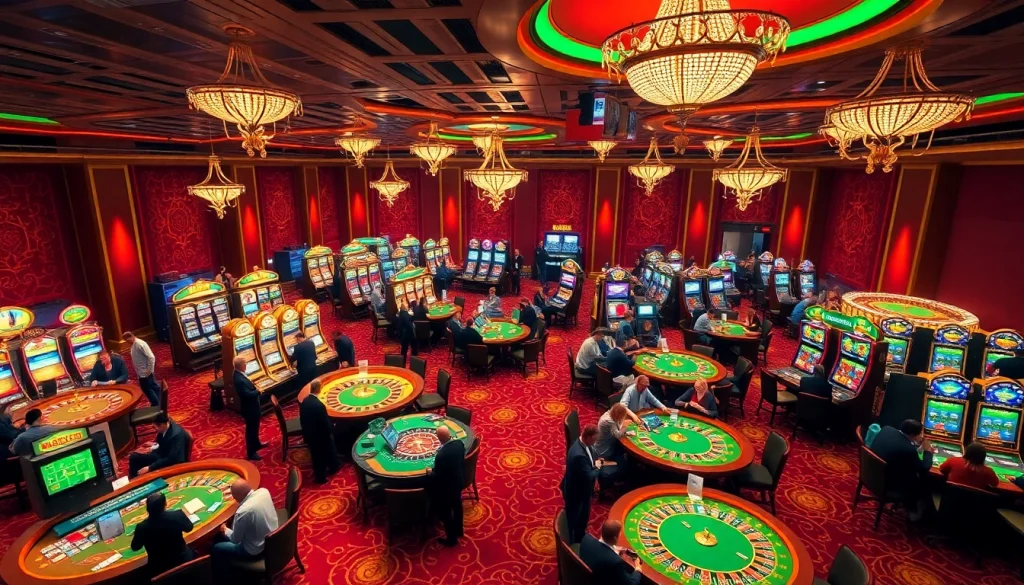 Experience the thrill of gambling at RR88's bustling casino, featuring colorful slot machines and lively poker tables.