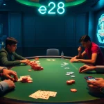 A tense poker game at a casino featuring e28 branding, with focused players and vibrant casino lighting.