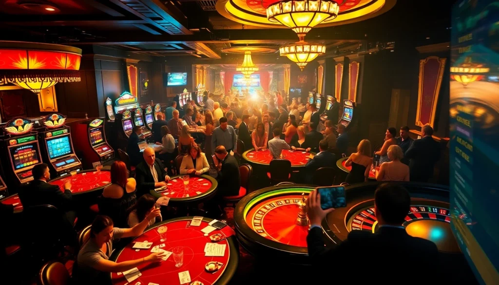 Experience the thrill of gambling at https://rr88.com.se/, highlighting players at poker tables and dynamic slot machines.