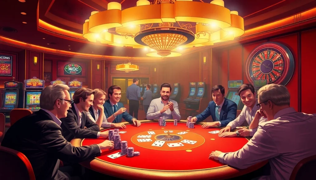 KJC poker enthusiasts playing at a vibrant casino table with colorful chips.