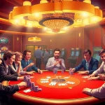 KJC poker enthusiasts playing at a vibrant casino table with colorful chips.