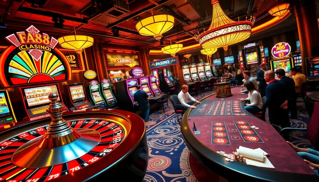 Players enjoying the thrilling atmosphere at FA88 casino with roulette and poker tables.