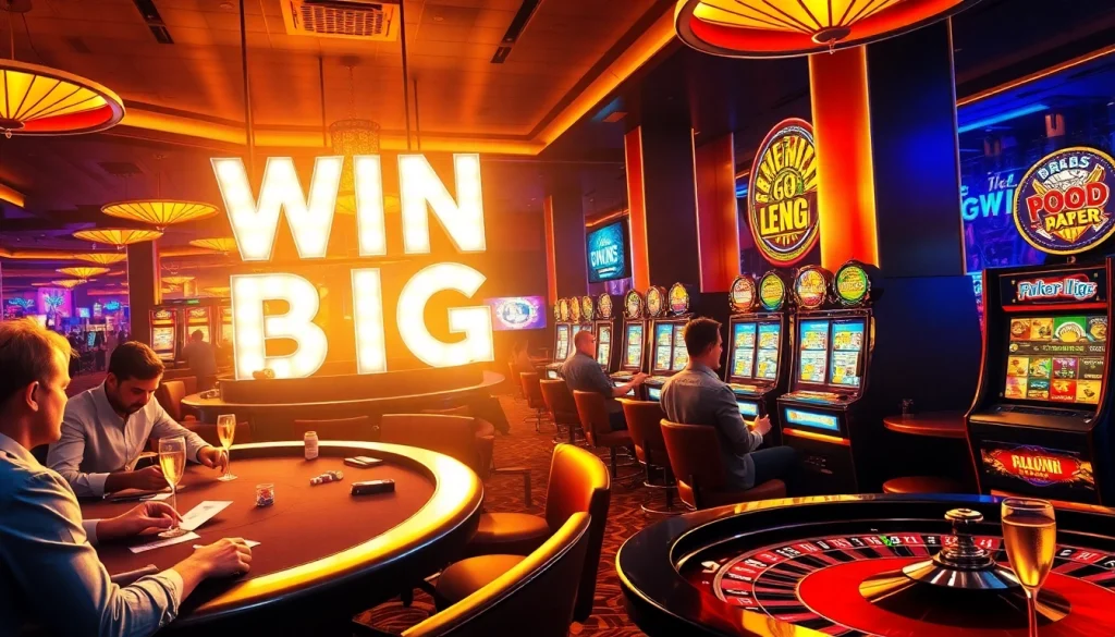 Players enjoying thrilling games at a casino, inspired by https://f8beta2.me/, with vibrant table games and slot machines.