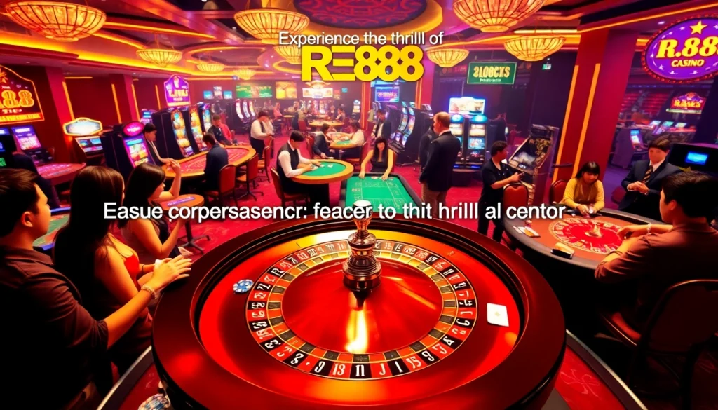 Experience the excitement of RR88 with players engaging at the casino tables and roulette wheel.