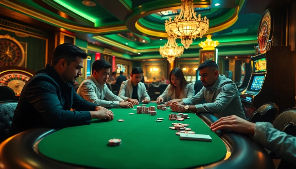 Khin789’s vibrant poker game scene captures the excitement of casino play, featuring intense players and luxury decor.