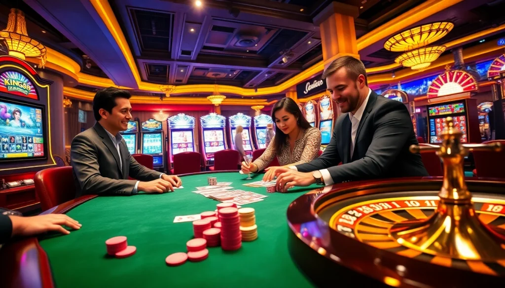 Players enjoy an exciting poker game at king88 casino, surrounded by vibrant slot machines and roulette wheels.