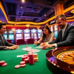 Players enjoy an exciting poker game at king88 casino, surrounded by vibrant slot machines and roulette wheels.
