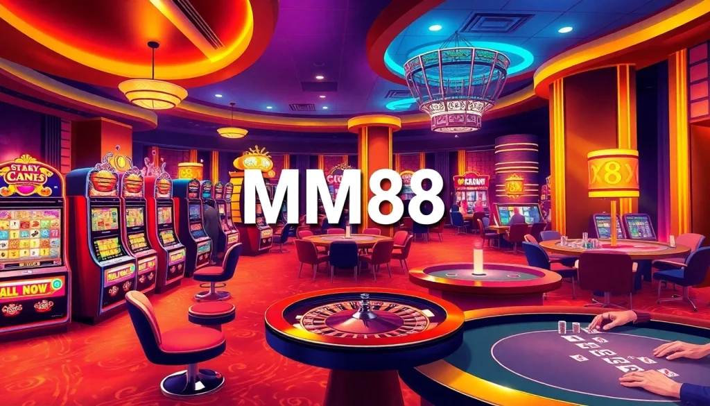 Experience the electrifying atmosphere of MM88 Casino with vibrant slot machines and intense poker action.