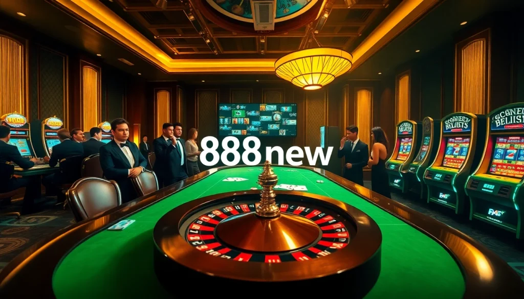 Players enjoying a high-stakes poker game at 888new, surrounded by an atmosphere of excitement and luxury.
