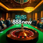 Players enjoying a high-stakes poker game at 888new, surrounded by an atmosphere of excitement and luxury.
