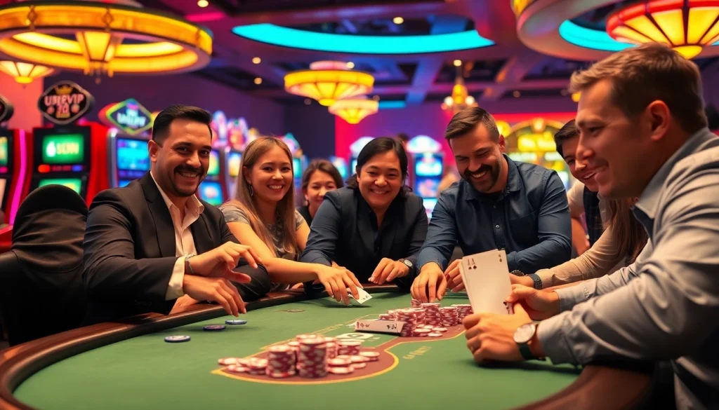 Players enjoying a thrilling poker game at a U888vip table, with vibrant casino elements surrounding them.