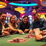Players enjoying a thrilling poker game at a U888vip table, with vibrant casino elements surrounding them.
