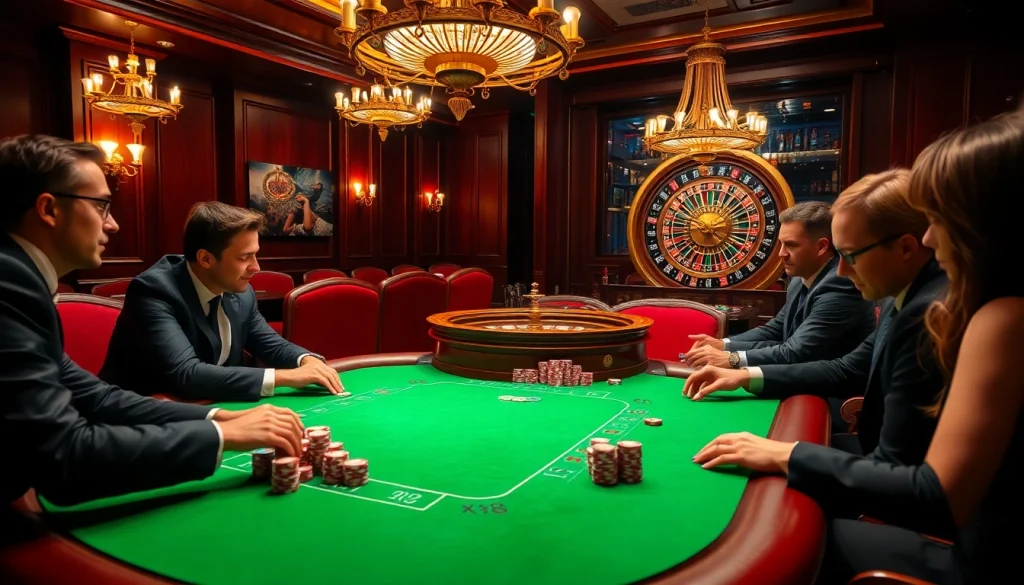 Players at a high-stakes poker table in an upscale casino featuring the logo of XX88 amidst vibrant décor and chips.