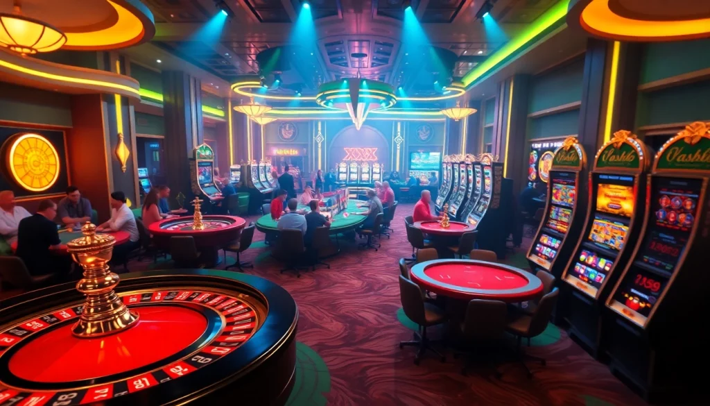 Experience the excitement of winning at XX88 HOW in a vibrant casino setting featuring roulette wheels, poker tables, and slot machines.