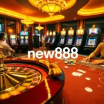 Engage in thrilling gaming action at new888's vibrant casino, featuring roulette and blackjack tables surrounded by excited players.