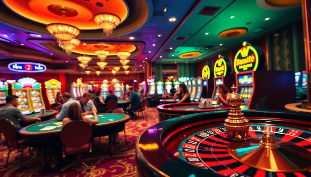 Experience the excitement of BetVIP casino games with vibrant players at tables and spinning roulette.