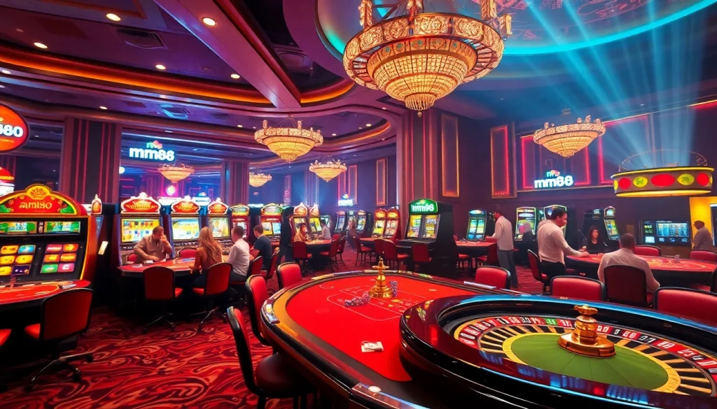 Experience mm88 at a luxurious casino with players enjoying poker and blackjack under ambient lighting.