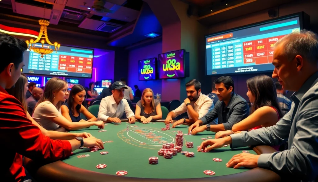 Players engaged in a thrilling poker game at uu88.casa casino, surrounded by chips and vivid casino lighting.