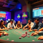 Players engaged in a thrilling poker game at uu88.casa casino, surrounded by chips and vivid casino lighting.