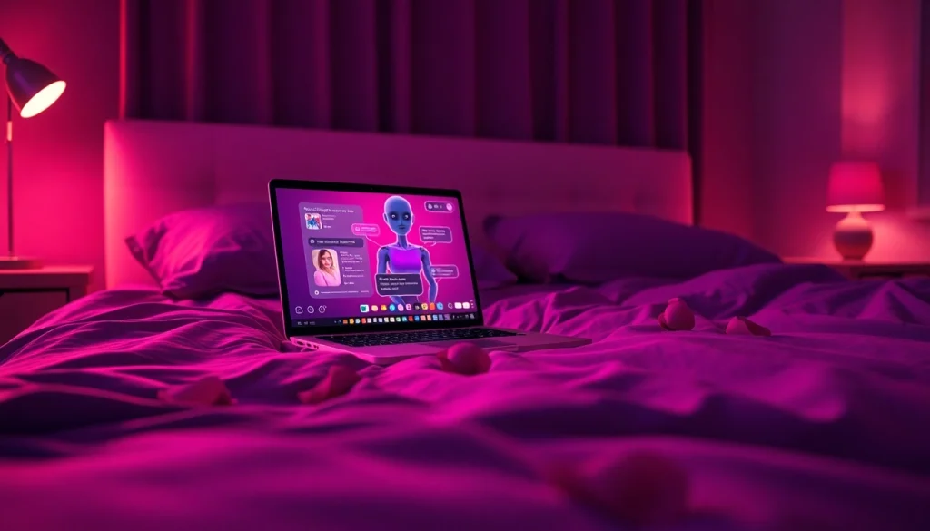 Engaging AI sexchat experience featuring an animated character on a cozy bed.