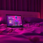 Engaging AI sexchat experience featuring an animated character on a cozy bed.