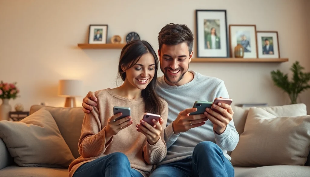 A couple enjoying sexting AI in an intimate moment on their smartphones, showcasing joy in a cozy living room.