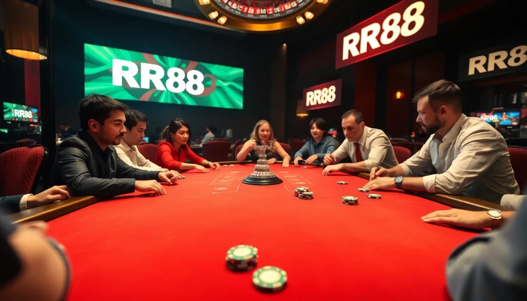 Engaged players at an RR88 poker table, showcasing chips and excitement in a vibrant casino.