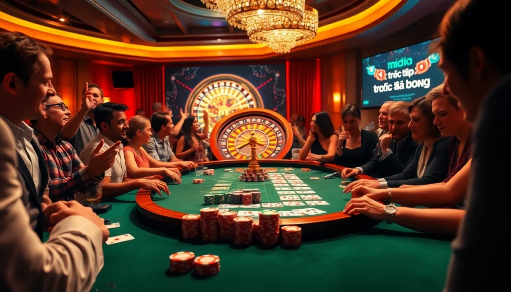 Experience the excitement of trực tiếp đá bóng at a vibrant casino poker game with colorful chips and eager players.