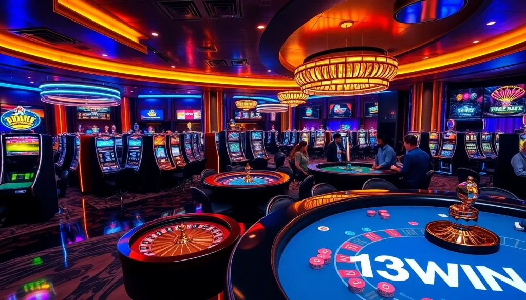 Experience the thrill of 13WIN with players enjoying casino games around vibrant tables and roulette.