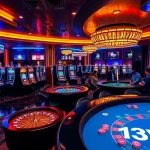 Experience the thrill of 13WIN with players enjoying casino games around vibrant tables and roulette.