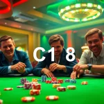 C168 poker enthusiasts engaging in an exhilarating high-stakes game surrounded by vibrant casino lights.
