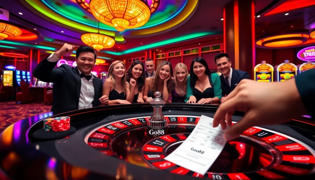Go88 players engaging in a thrilling roulette game in a luxurious casino setting.