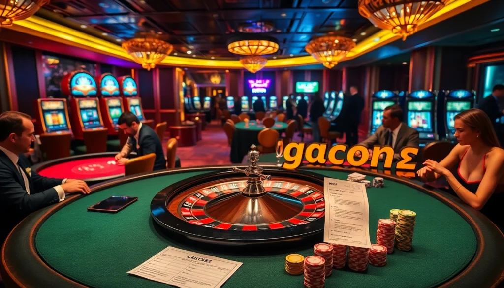 Experience the thrilling atmosphere of gacor123 at a lively casino, where players engage deeply with poker tables and vibrant slot machines.
