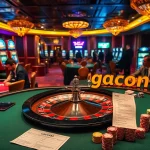 Experience the thrilling atmosphere of gacor123 at a lively casino, where players engage deeply with poker tables and vibrant slot machines.