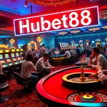 Experience the excitement of Hubet88 at a lavish casino poker table during a thrilling game with vibrant players.