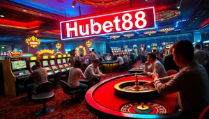 Experience the excitement of Hubet88 at a lavish casino poker table during a thrilling game with vibrant players.